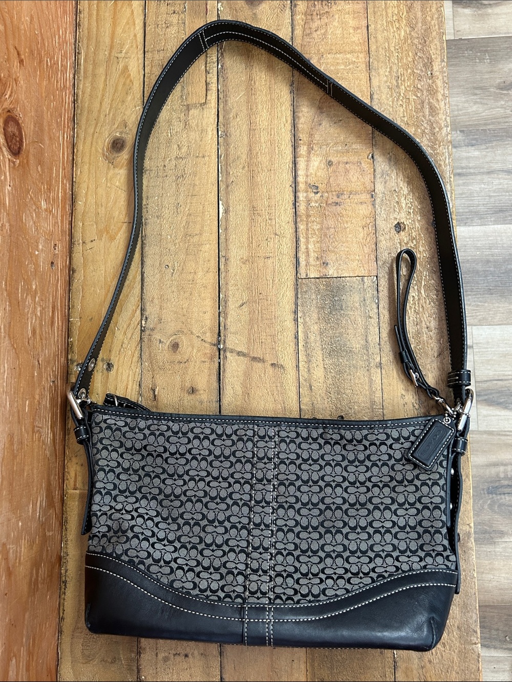 Coach Gray/Black vintage y2K Signature Crossbody with Leather Trim